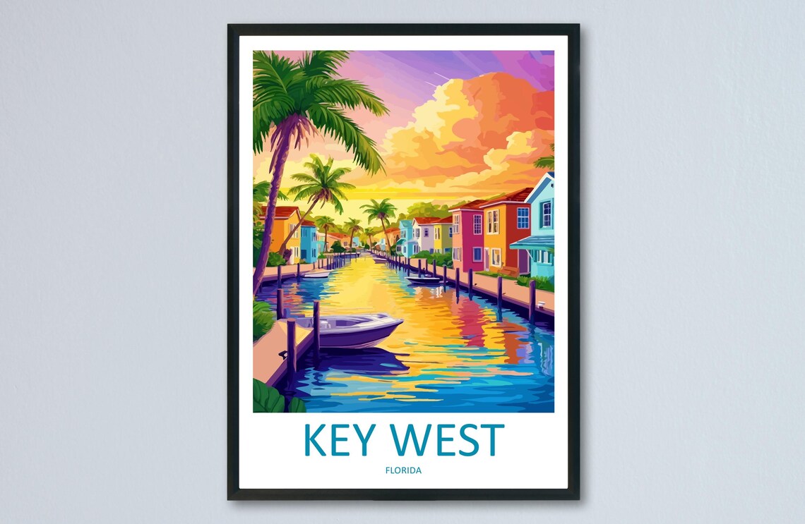 Key West Colorful Canal Houses Palm Trees Sunset Florida Travel Poster
