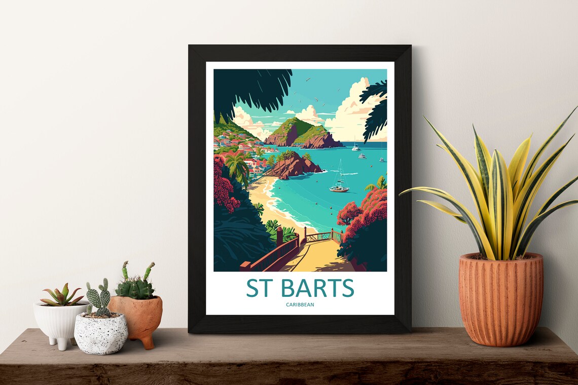 St Barts Caribbean Beach Sailboats Hillside Town View Poster - Image 3