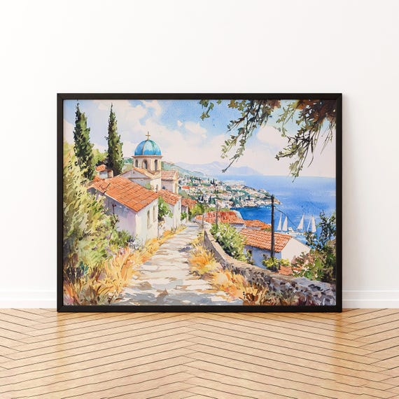 Samos Watercolor Poster Wall Art Hanging Home Dcor Gift Lovers Greece