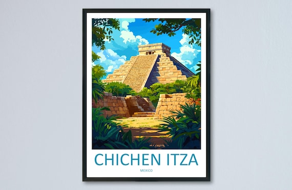 Chichen Itza Travel Poster Mexico Wall Art Mayan Ruins Print Ancient Decor Mexican Gift Souvenir Scene World Heritage Landmark