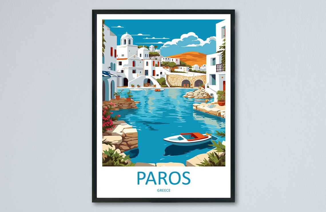Paros Greece Whitewashed Village Harbor Boats Sunny Scene Poster