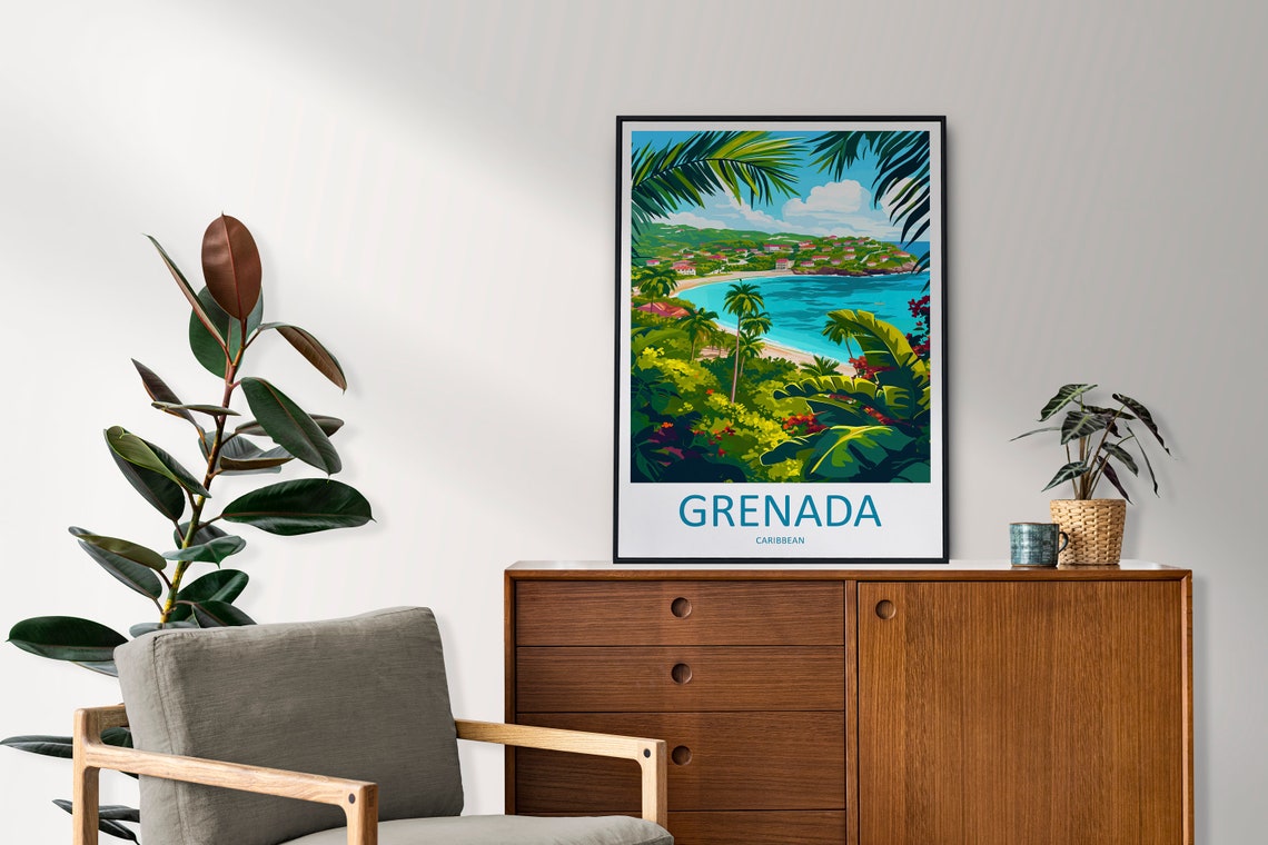 Grenada Turquoise Bay Palm Trees Caribbean View Travel Poster - Image 2