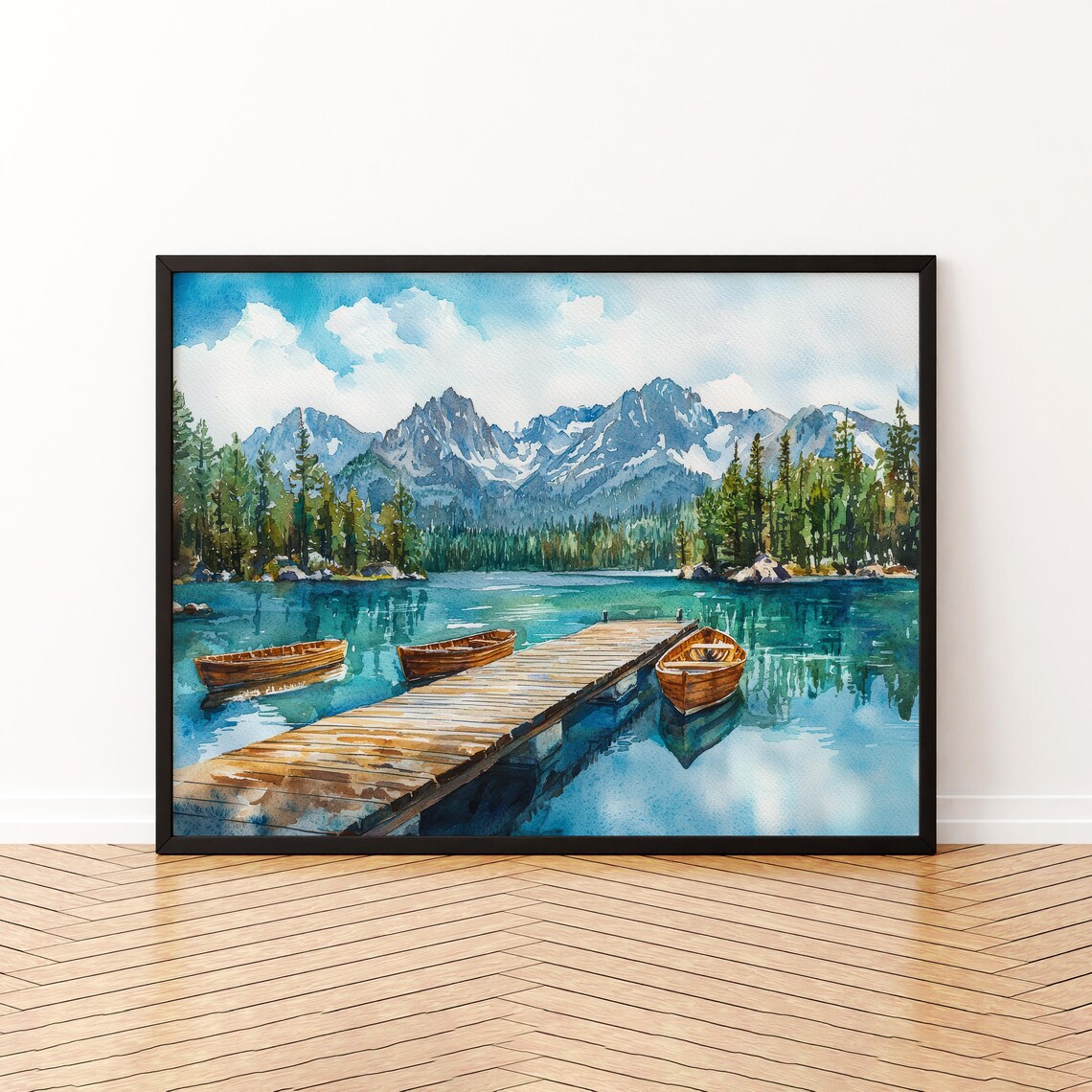 Mammoth Lakes Mountain Dock Rowboats Watercolor Travel Poster