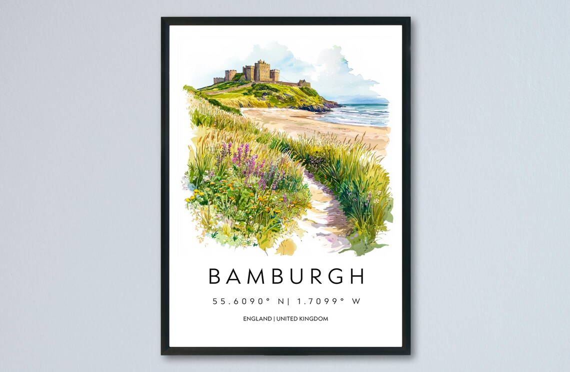 Bamburgh Castle Northumberland Coast Beach Watercolor Poster