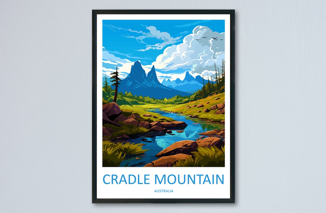 Cradle Mountain Australia Alpine Stream Peaks Retro Travel Poster