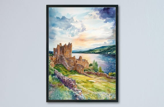 Loch Ness Watercolor Travel Poster, Scotland