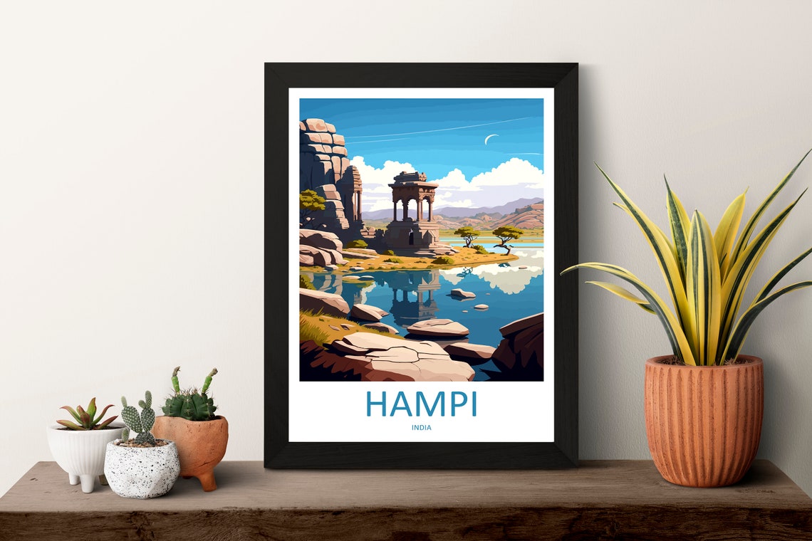 Retro Hampi Travel Poster with Illustrated Temple Ruins Scene - Image 3