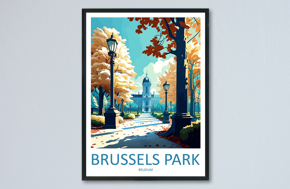 Brussels Park Belgium Autumn Lamp Lit Path Vintage Travel Poster