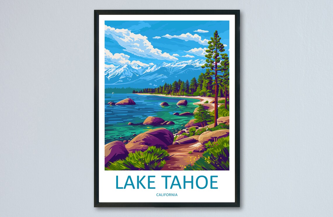 Lake Tahoe California Rocky Shore Mountain View Vintage Travel Poster