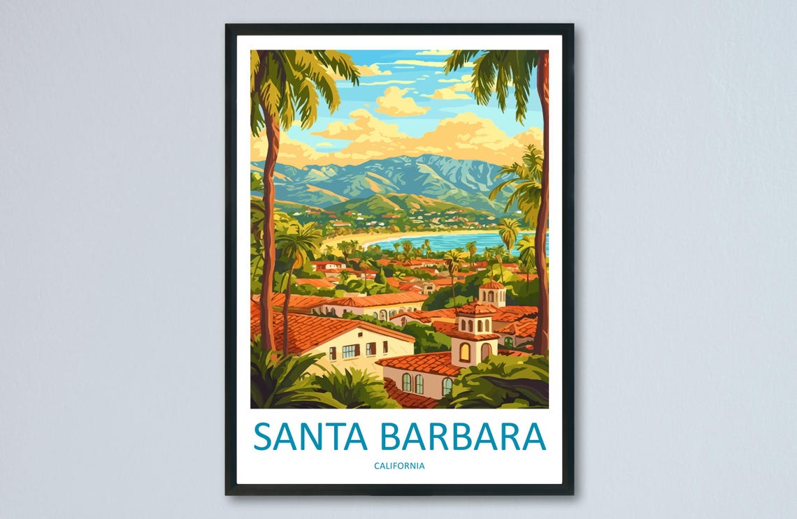 Santa Barbara Coastline Mountains Red Tile Roofs Ocean Poster