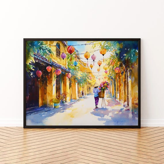 Hoi An Vietnam Watercolor Poster Travel Print Lantern Street Painting Riverside Wall Art Asia Souvenir
