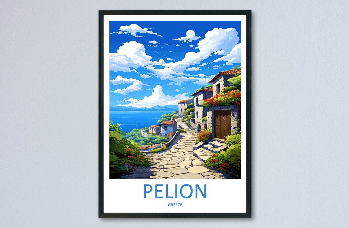 Pelion Greece Vintage Stone Village Street Travel Poster Sea View