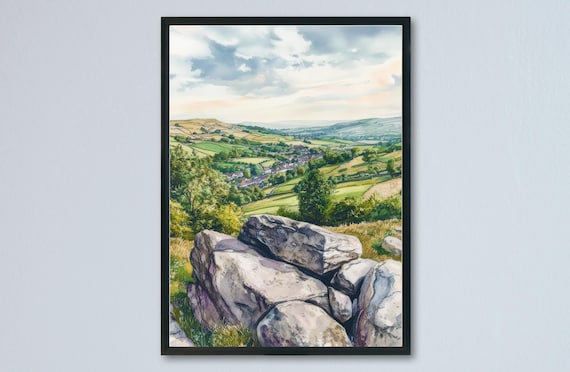 Ilkley Moor Rocks Wharfe Valley Village Watercolor Beautiful Poster