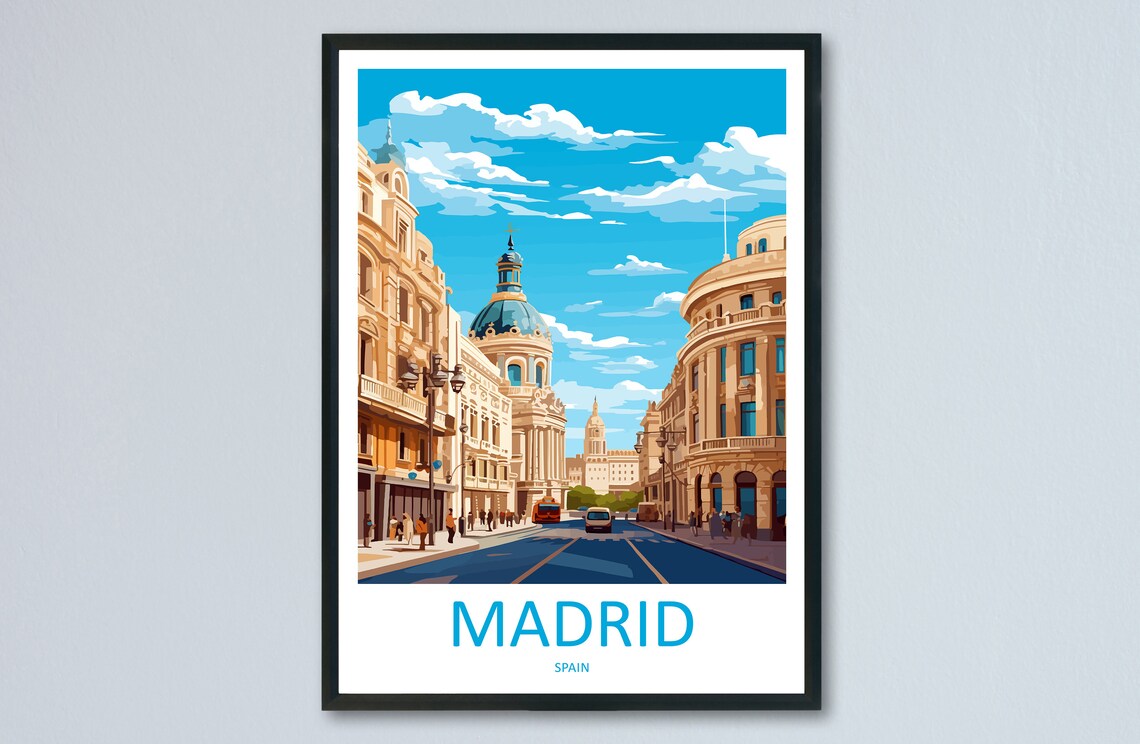 Madrid Spain Grand Street Domed Landmark Building Retro Art Poster