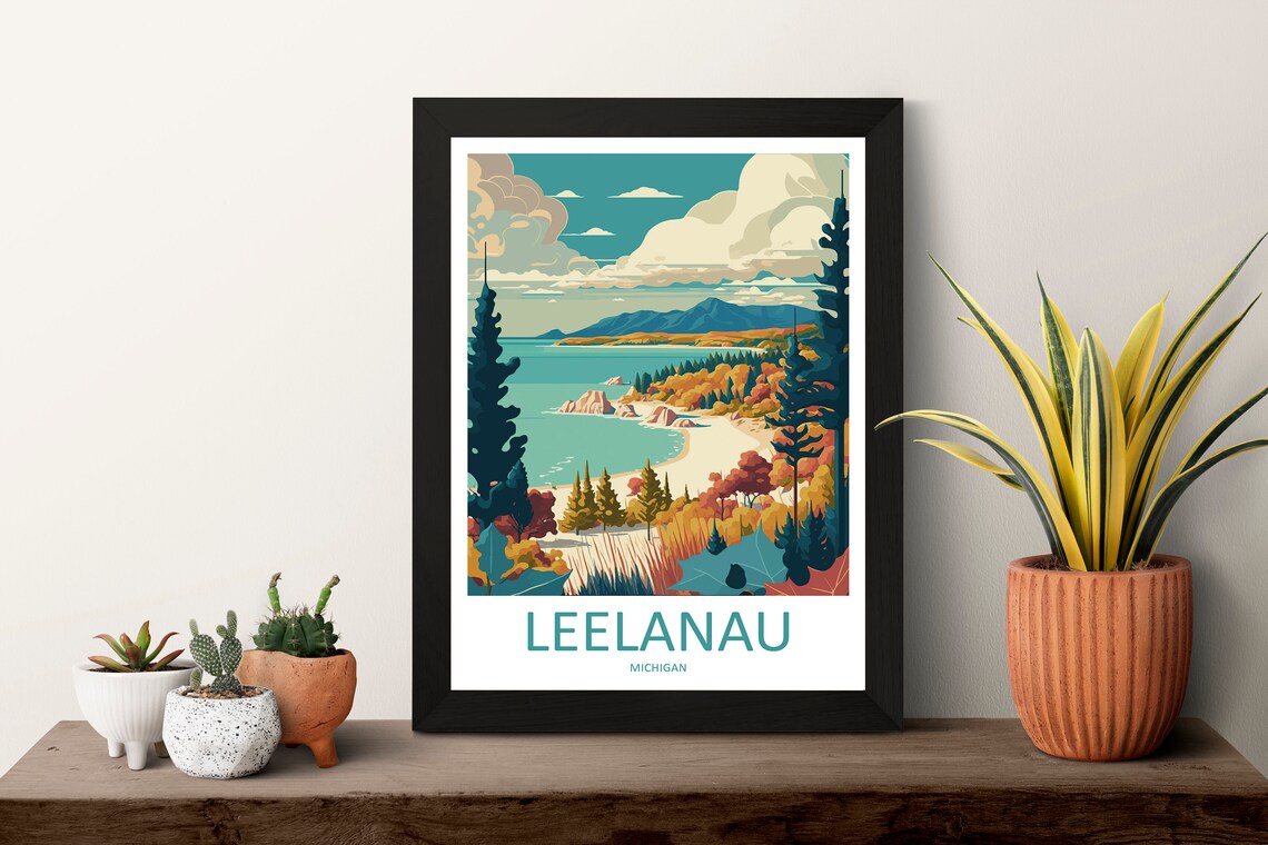 Leelanau Michigan Autumn Lakeshore Scenic Vintage Travel Poster - Image 3