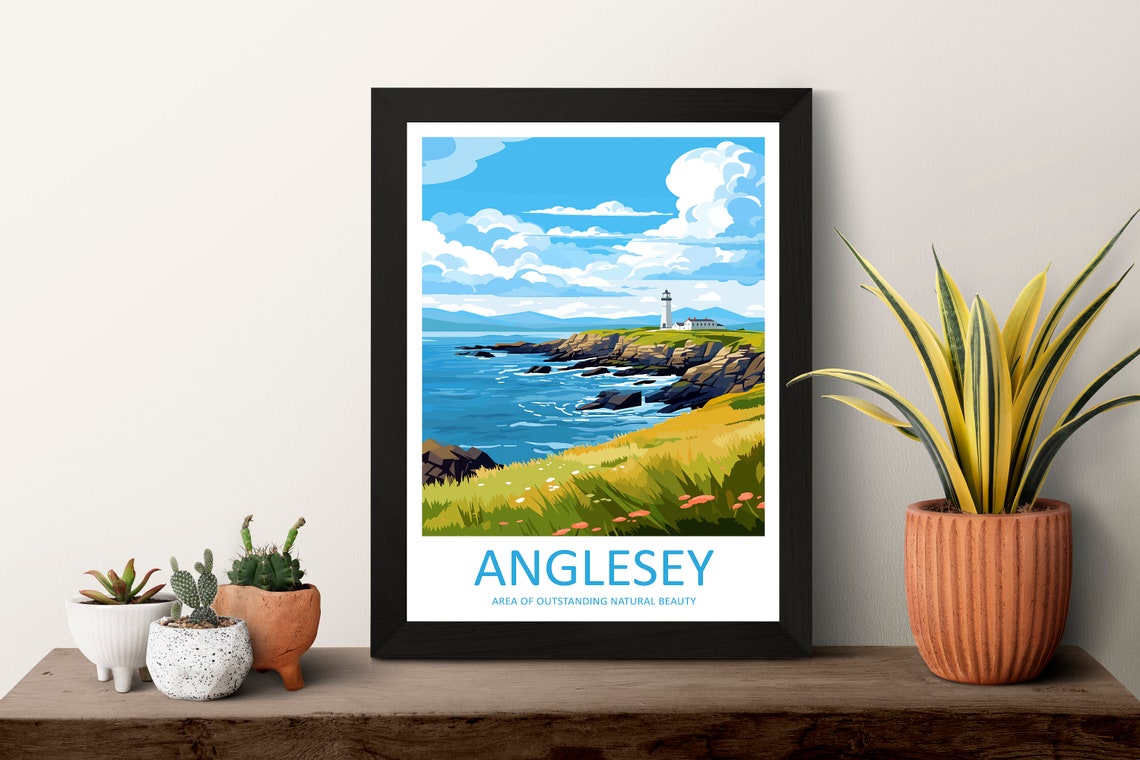 Anglesey Wales Lighthouse Rocky Coastline Cliffs Daytime Travel Poster - Image 3