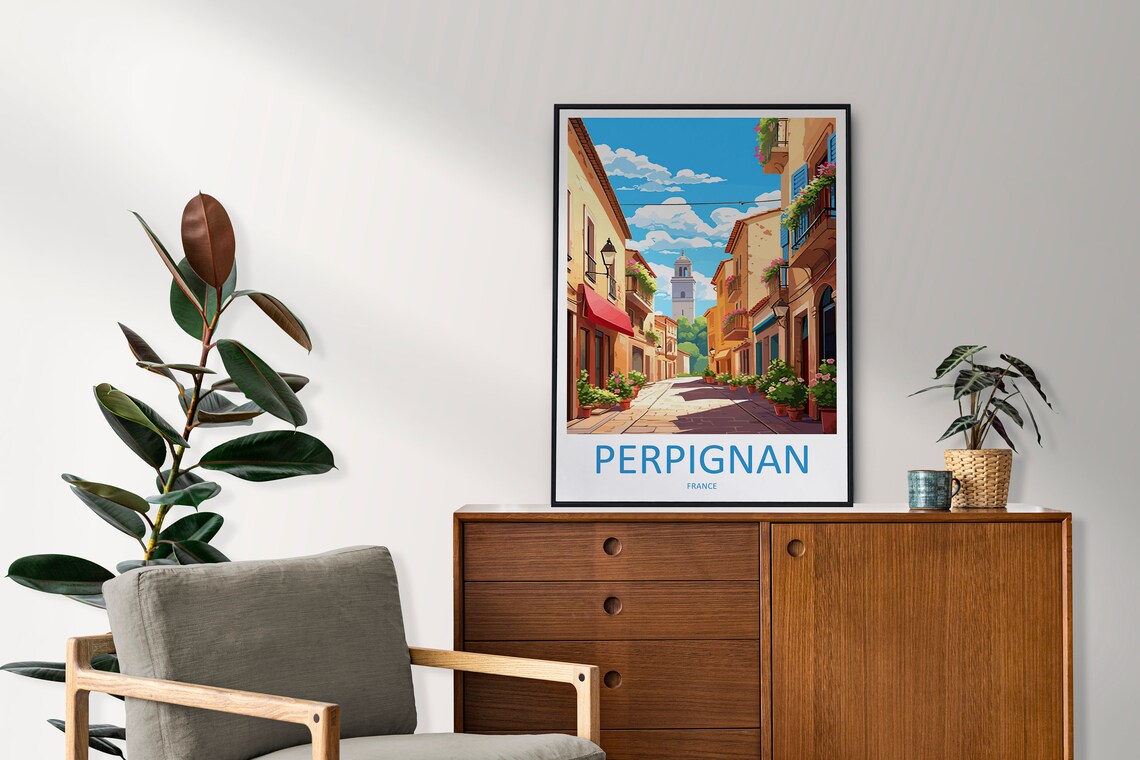 Perpignan France Sunny Flower Street Church Tower Travel Poster - Image 2
