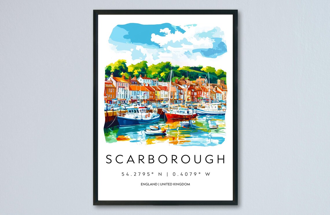 Scarborough Harbour Boats Seaside Town England Watercolor Poster