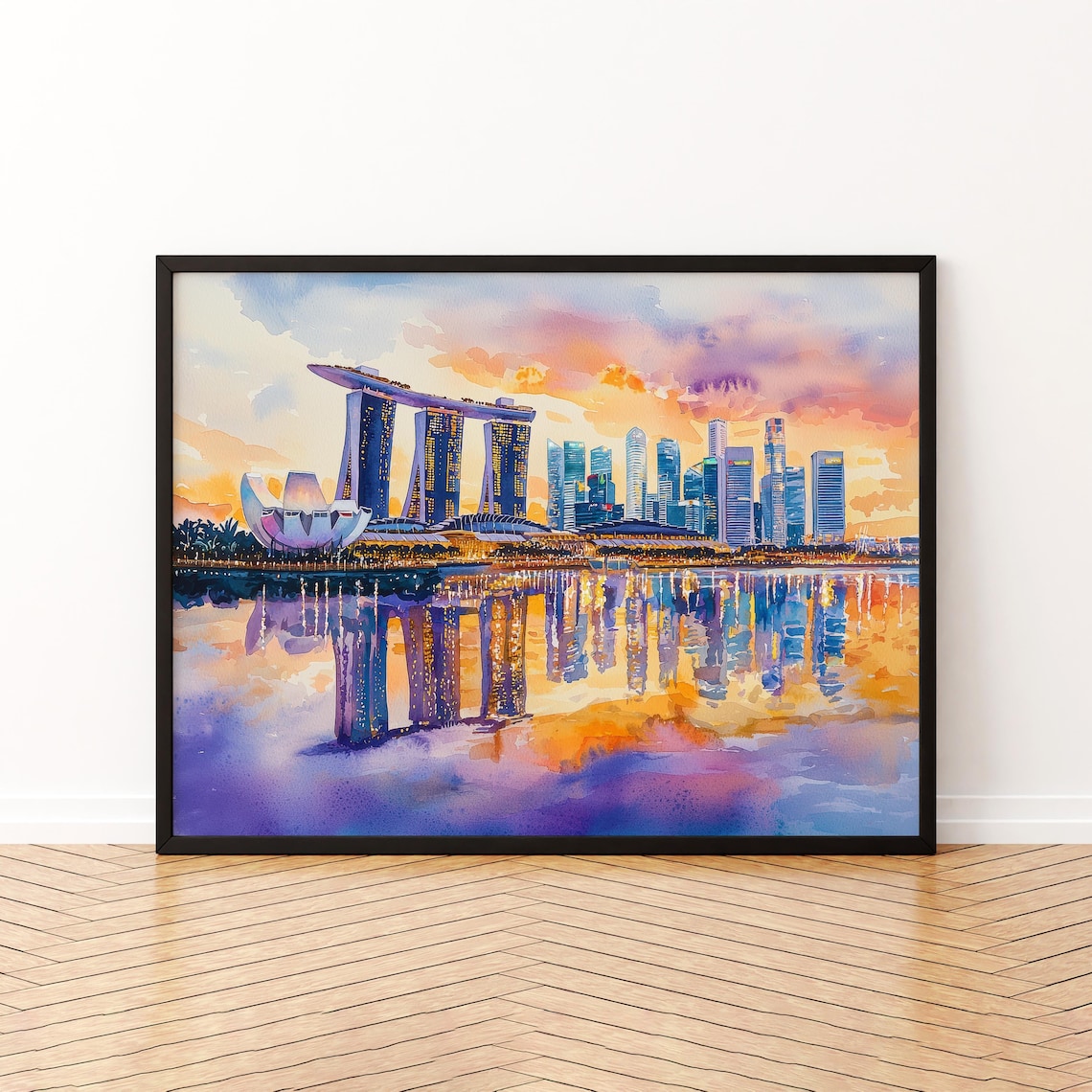 Singapore Watercolor Travel Poster, City Skyline