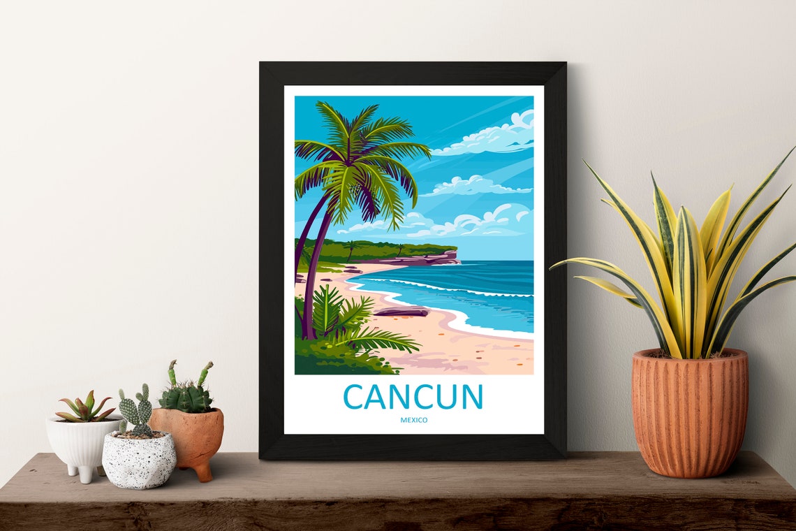 Cancun White Sand Beach Palm Trees Mexico Coast Travel Poster - Image 3
