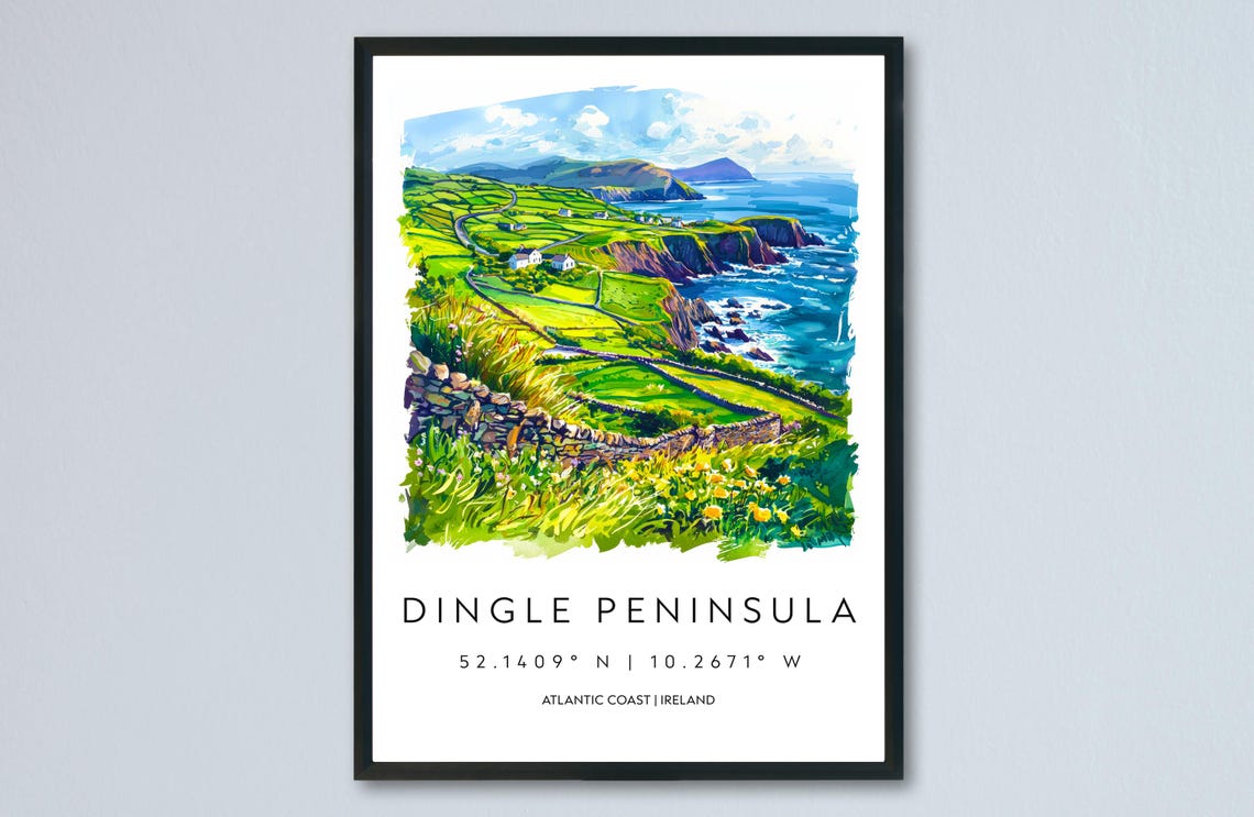 Dingle Peninsula Ireland Atlantic Coast Green Cliffs Watercolor Poster