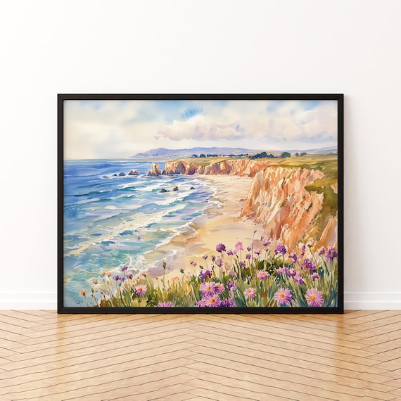 Pismo Beach Coastal Cliffs Watercolor Wildflower Fine Art Print