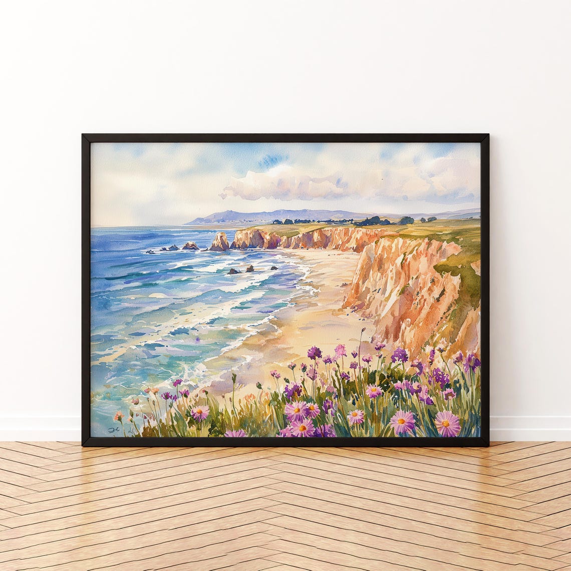 Pismo Beach Coastal Cliffs Watercolor Wildflower Fine Art Print