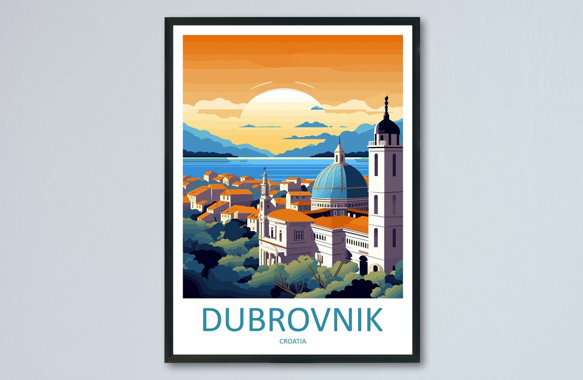 Dubrovnik Croatia Old Town Sunset Over Adriatic Sea Travel Poster