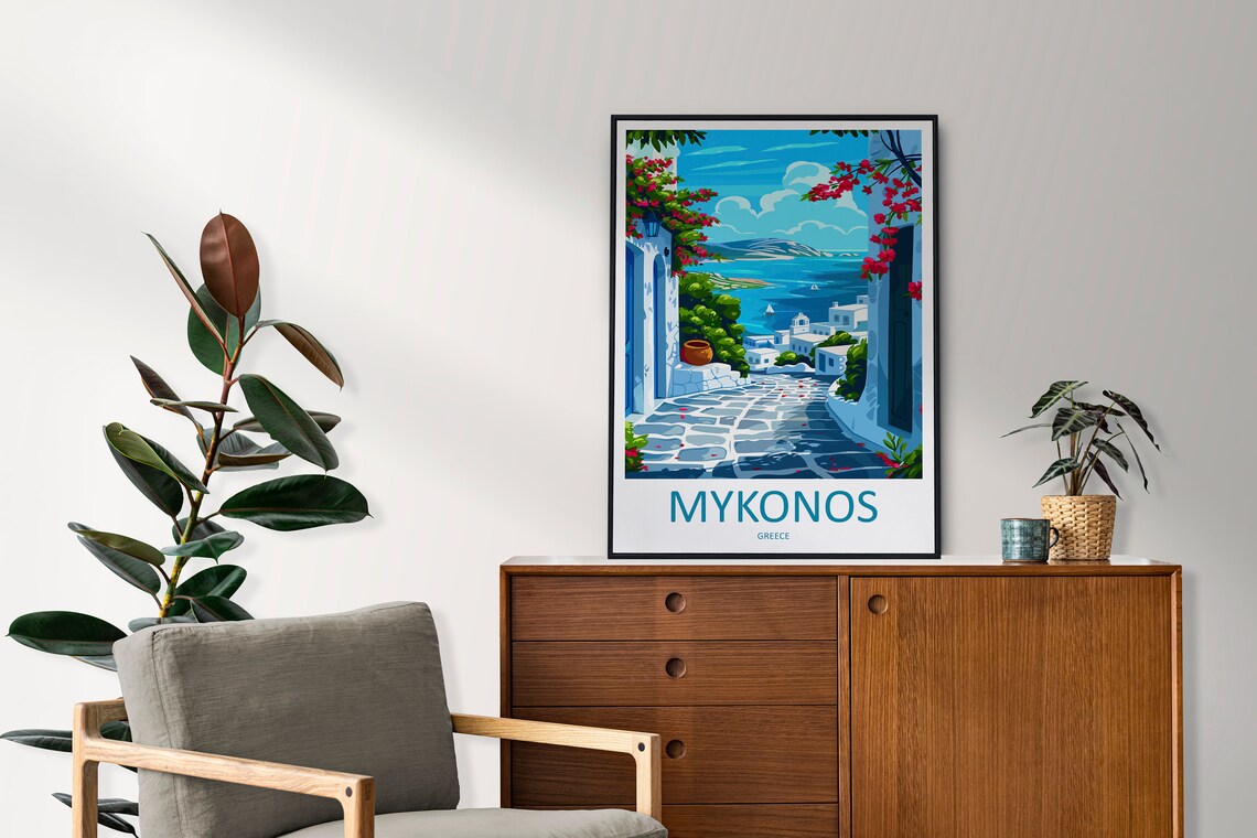Mykonos Greece White Alley Bougainvillea Aegean Sea View Poster - Image 2