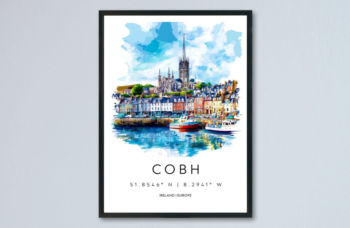 Cobh Harbor Cathedral View Ireland Scenic Watercolor Travel Poster