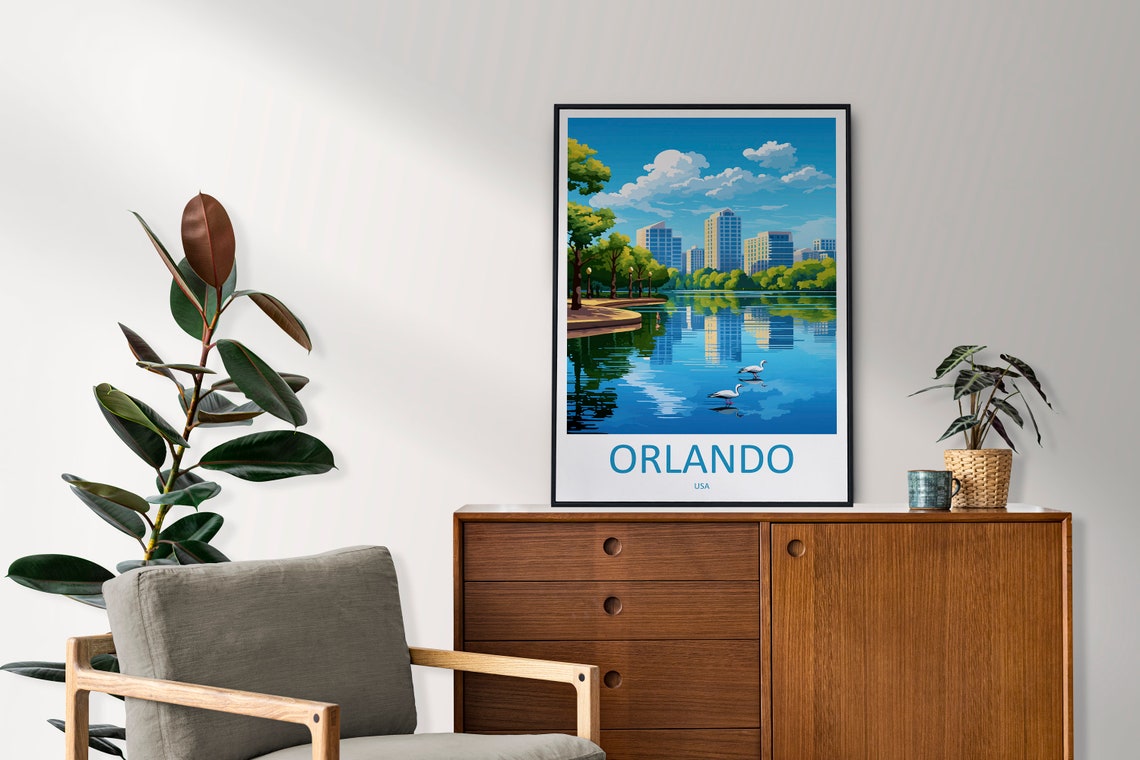Orlando Florida Lake with Swans Downtown Skyline Travel Poster - Image 2
