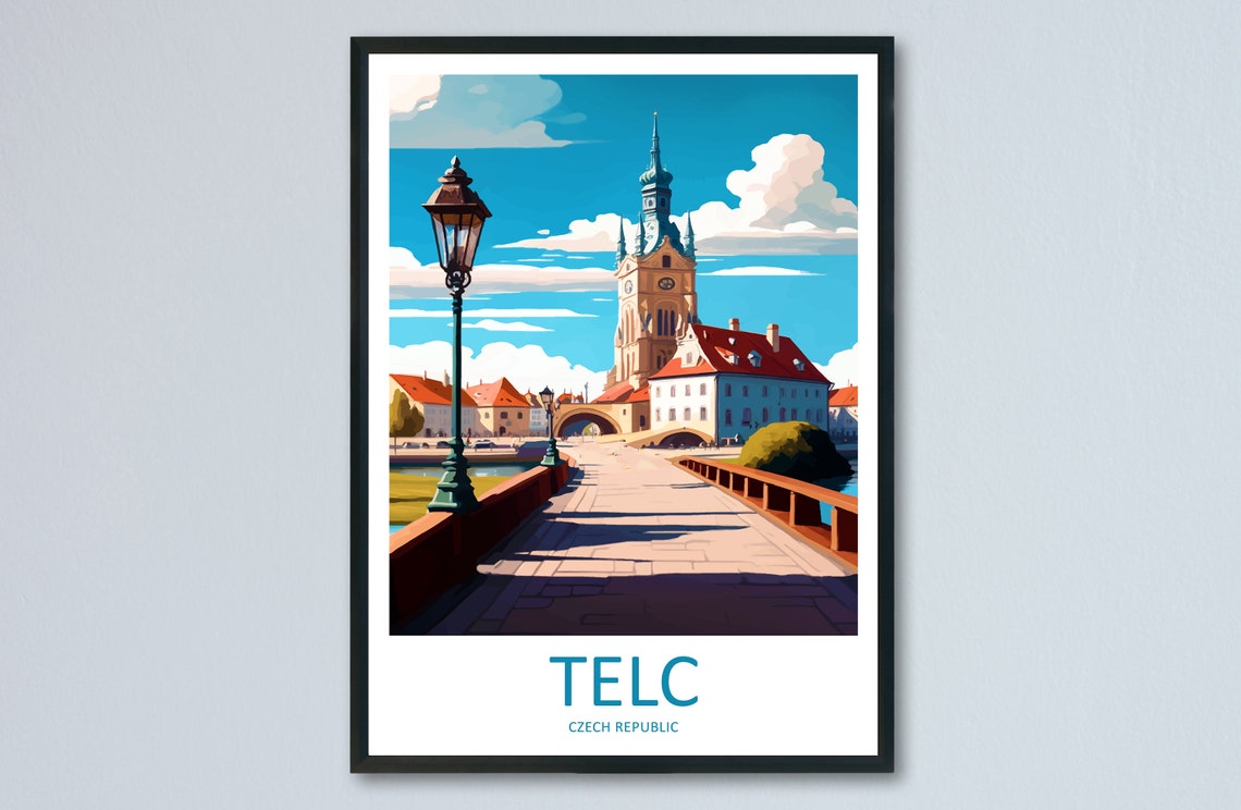 Telc Czech Republic Bridge Church Tower Sunny Street Scene Poster