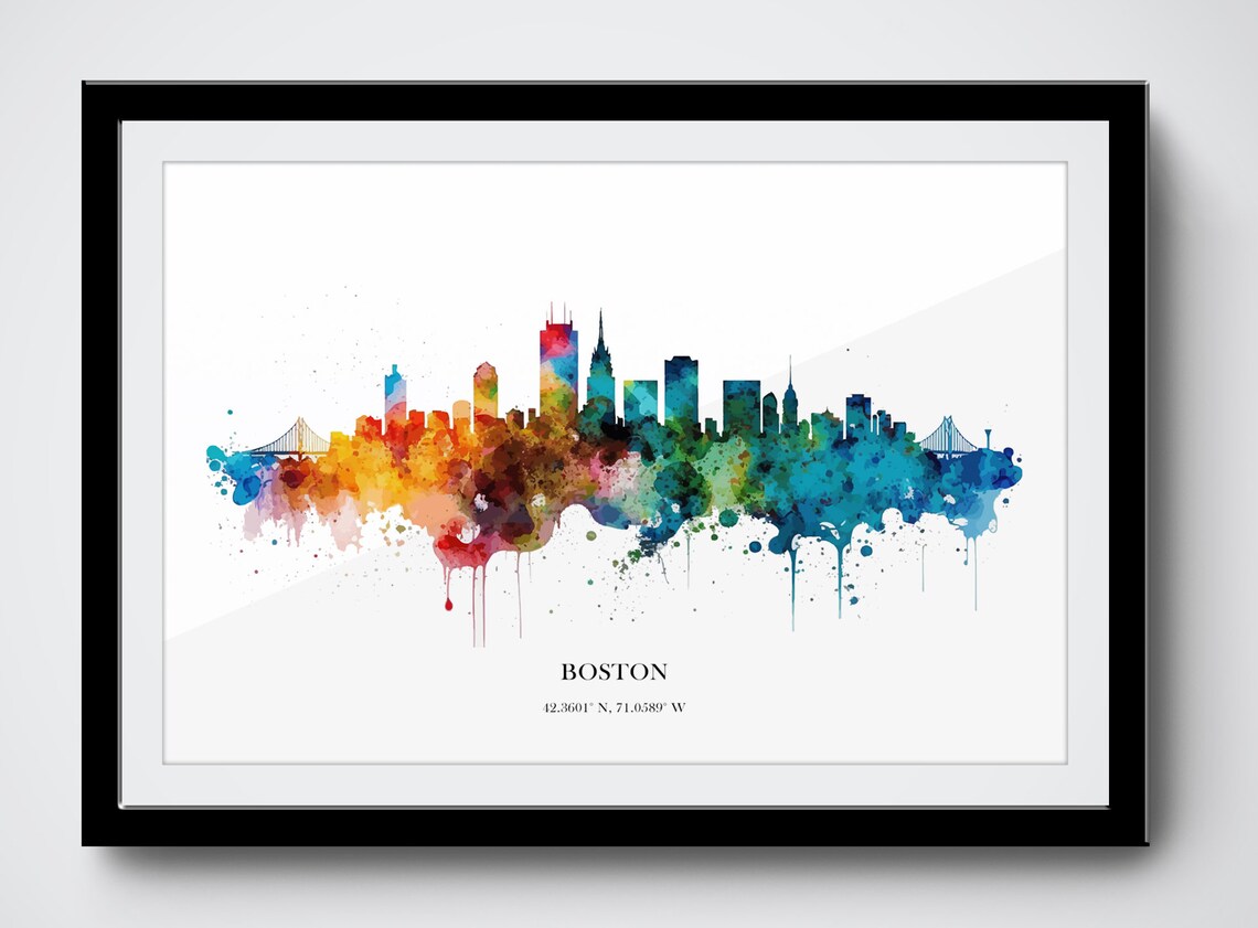 Boston Watercolor Skyline Poster with Colorful City Coordinates - Image 3