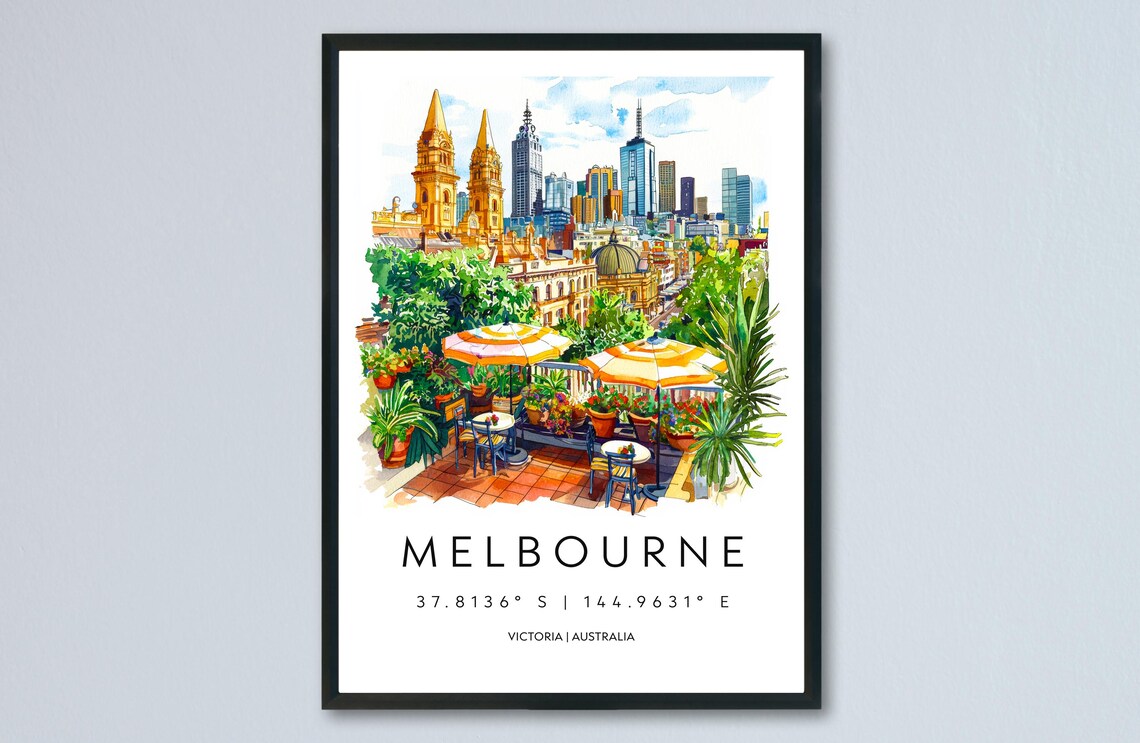Melbourne Australia Watercolor Rooftop Terrace Skyline City Travel Poster