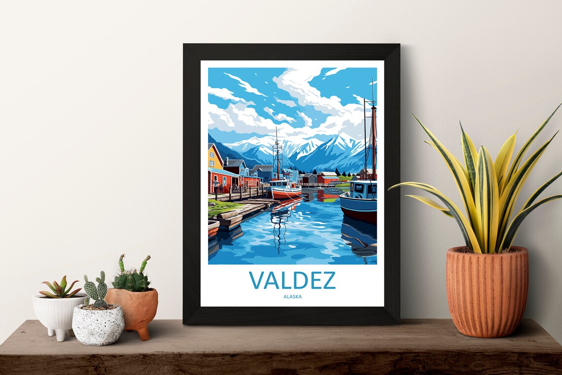 Valdez Alaska Harbor Colorful Fishing Boats Mountain Travel Poster - Image 3