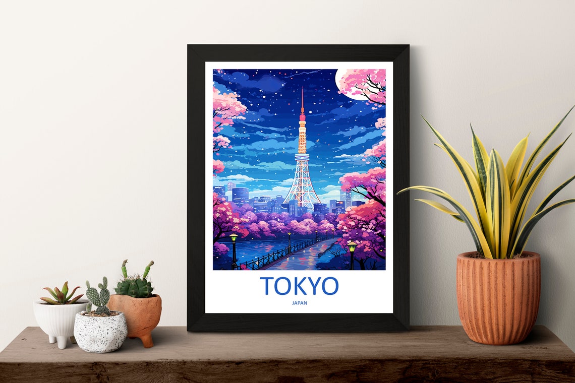 Tokyo Tower Cherry Blossoms Night Skyline Japan Travel Poster - Image 3