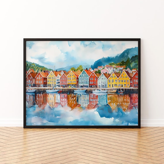 Bergen Norway Watercolor Poster Bryggen Wharf Houses Harbor Reflection Art