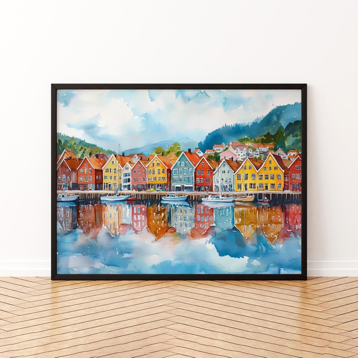 Bergen Norway Watercolor Poster Bryggen Wharf Houses Harbor Reflection Art