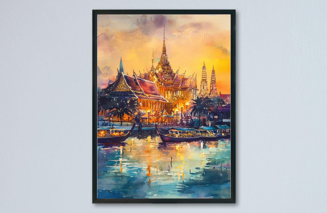 Bangkok Watercolor Travel Poster, Thai Temple Scene