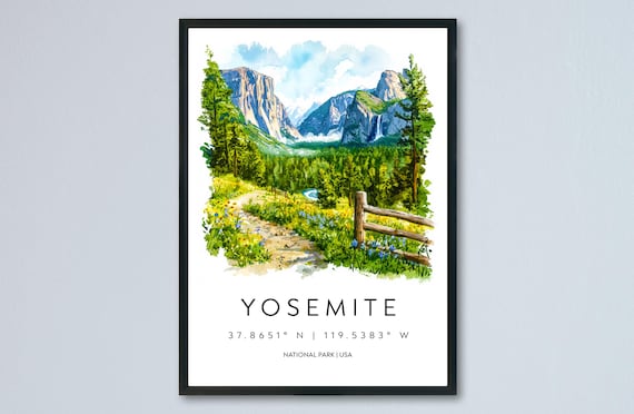 Yosemite National Park El Capitan Wildflowers Watercolor Travel Poster