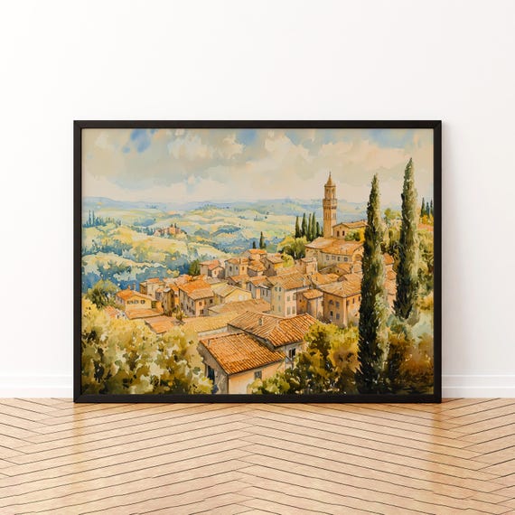 Orvieto Watercolor Poster Landscape Wall Art Hanging Home Dcor Gift Lovers Italy