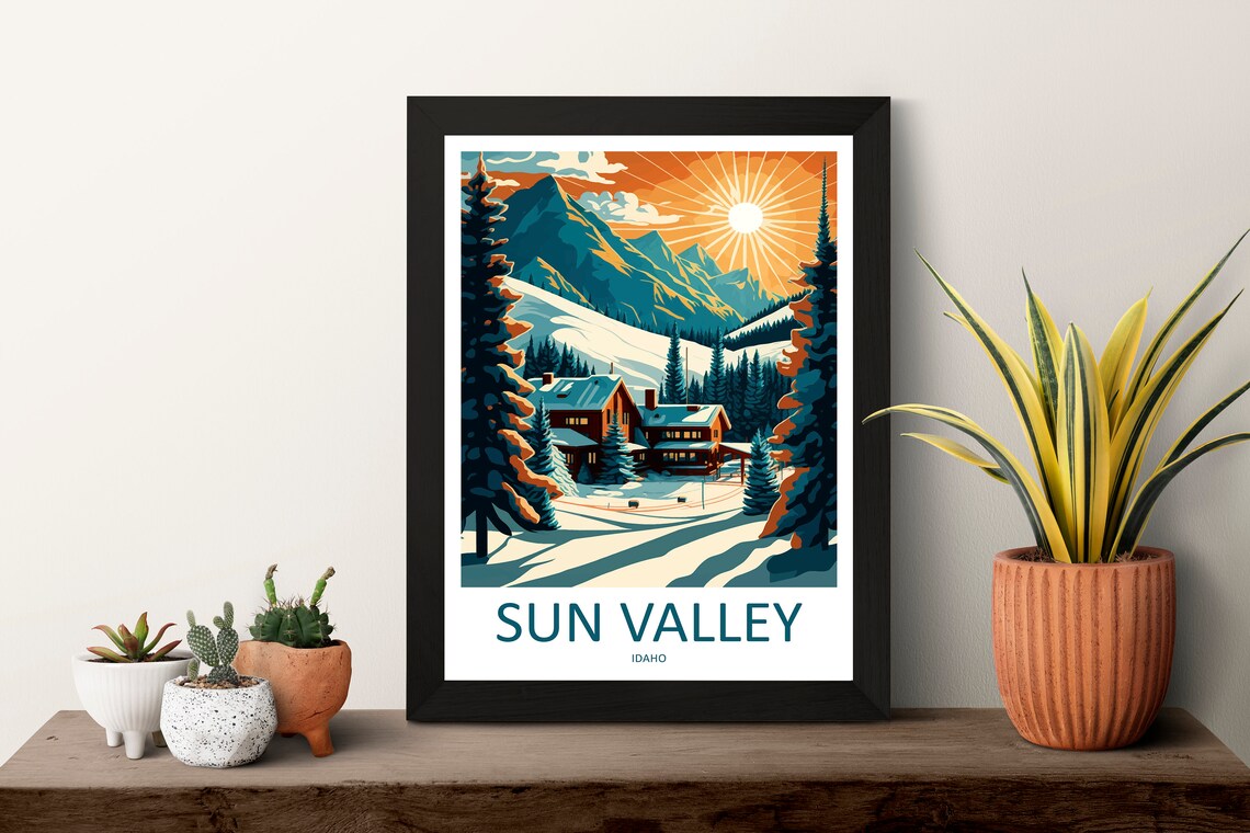 Sun Valley Idaho Ski Lodge Sunset Mountain Travel Poster Art - Image 3