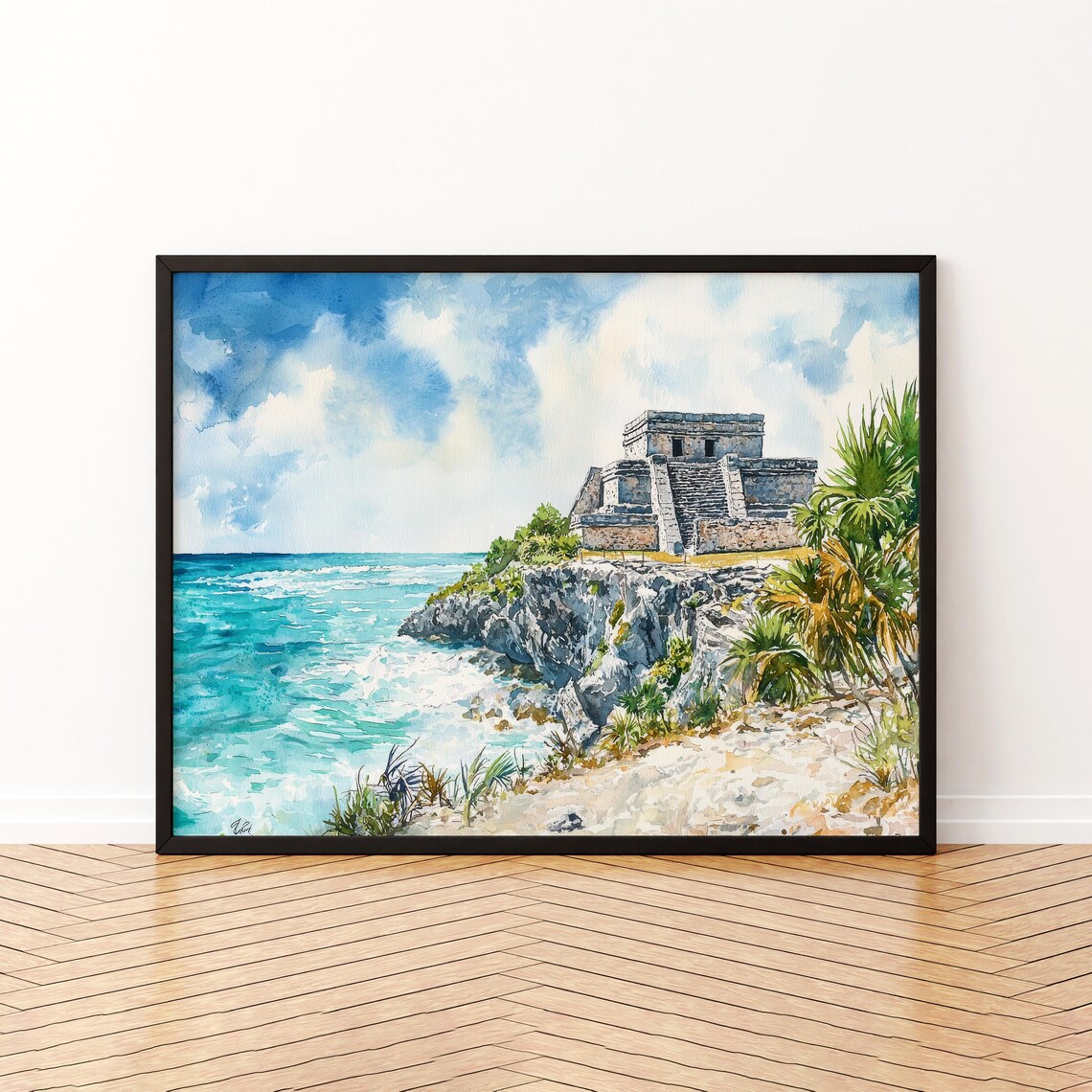 Tulum Mexico Watercolor Travel Poster, Beach Landscape