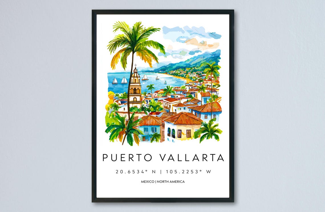 Puerto Vallarta Mexico Watercolor Bay Church Town Travel Poster