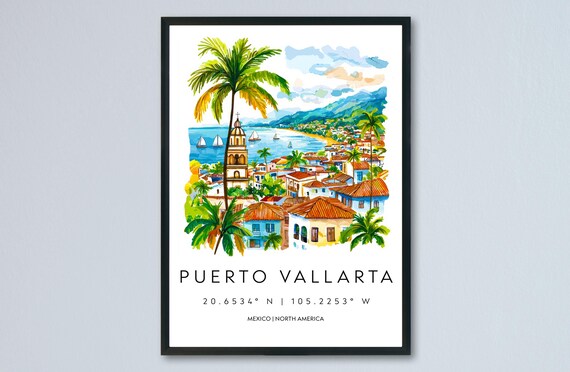Puerto Vallarta Mexico Watercolor Bay Church Town Travel Poster