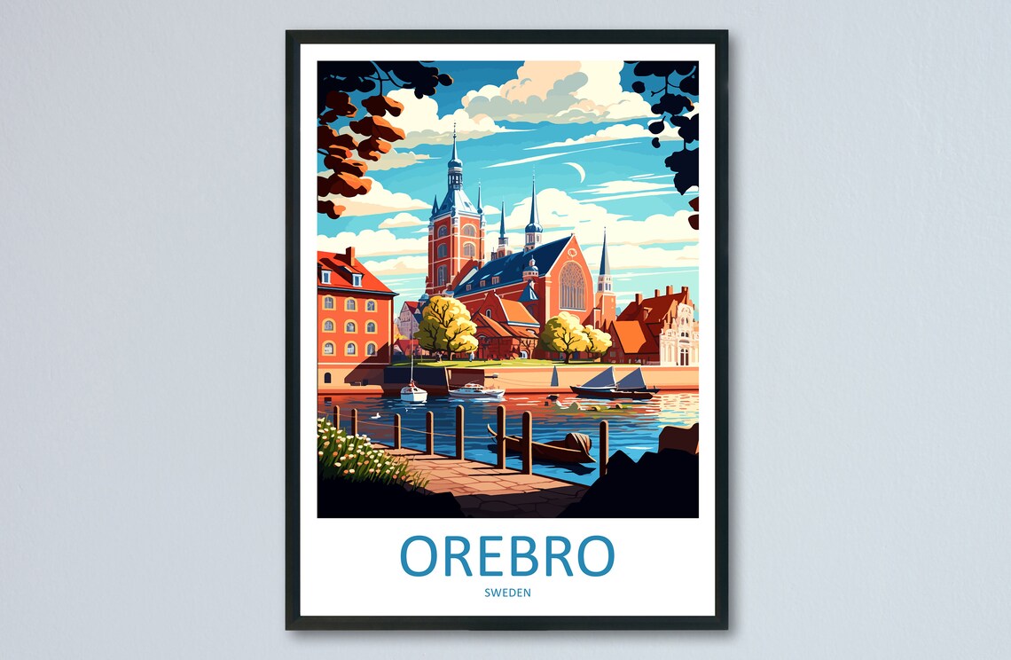 Orebro Sweden Riverside Cathedral and Boats Harbor View Travel Poster