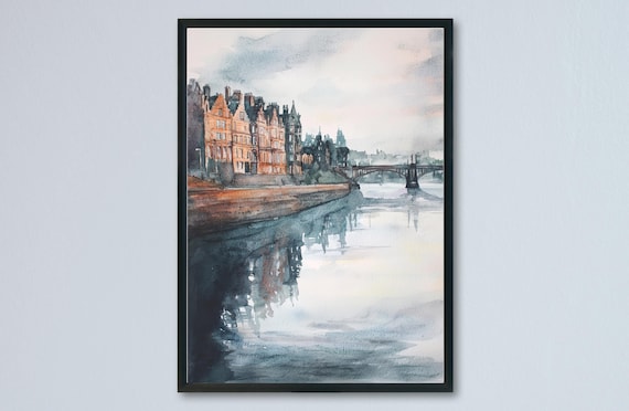 Glasgow River Clyde Misty Riverside Watercolor Scotland Poster