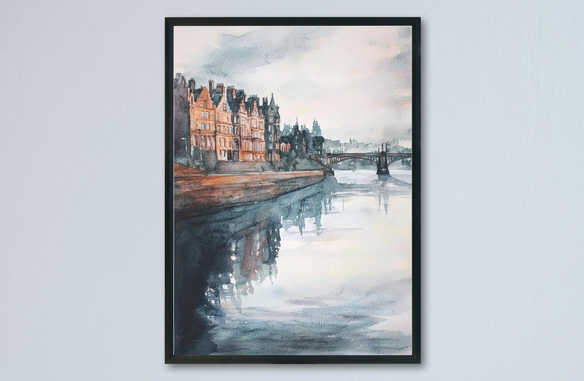 Glasgow River Clyde Misty Riverside Watercolor Scotland Poster