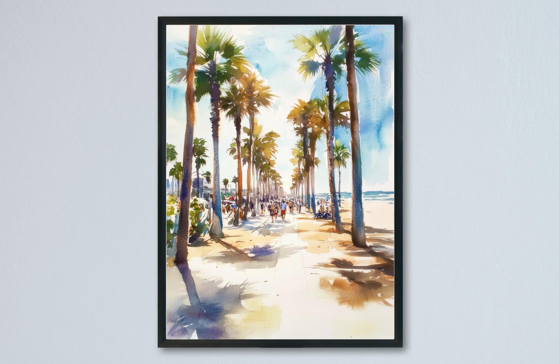 Venice Beach Palm Lined Boardwalk Ocean Watercolor Art Poster