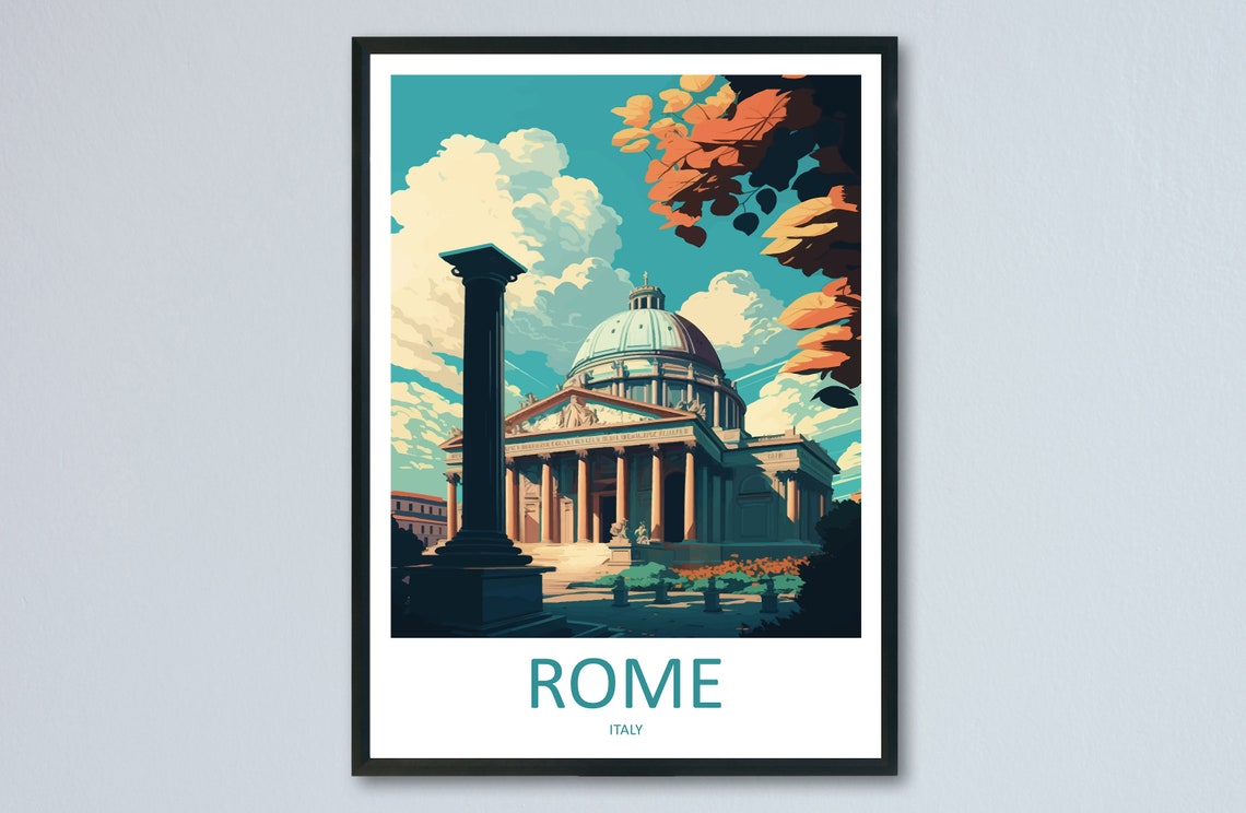 Rome Italy Pantheon Dome with Ancient Columns and Fall Trees Poster